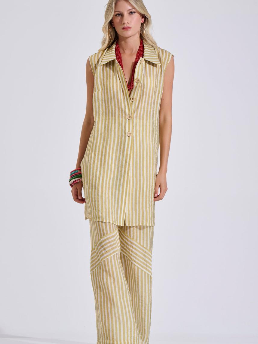 Striped Wide-Leg Pants with Elastic Waist & Pockets