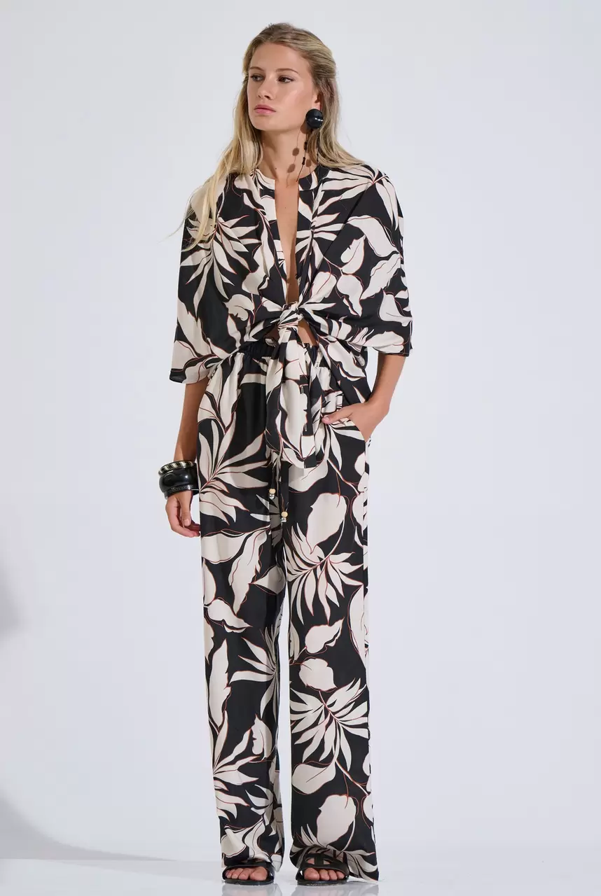 Printed Wide-Leg Pants with Elastic Waist