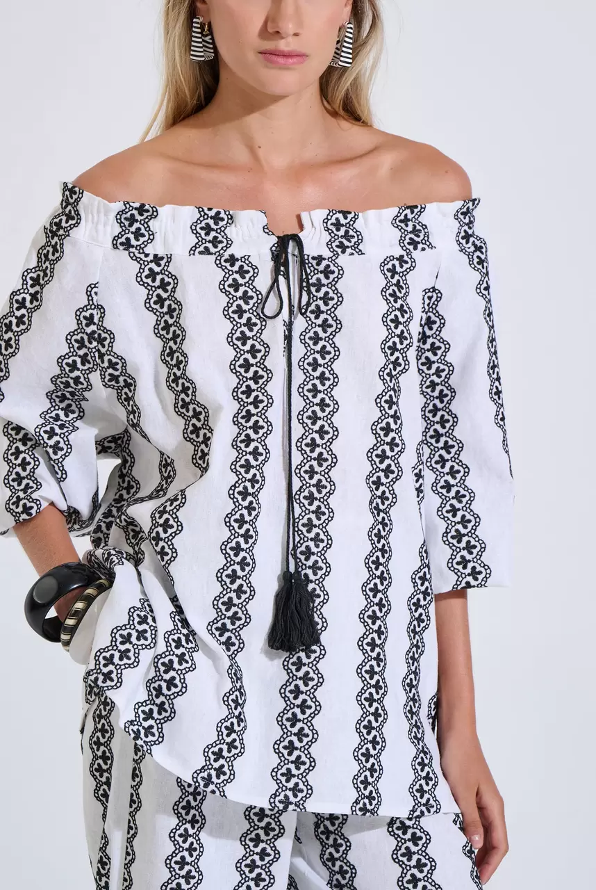 Linen Blend Embroidered Blouse