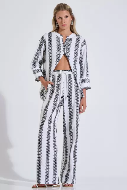 Linen Blend Embroidered Wide-Leg Trousers