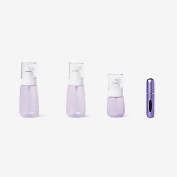 Purple travel set with perfume bottle