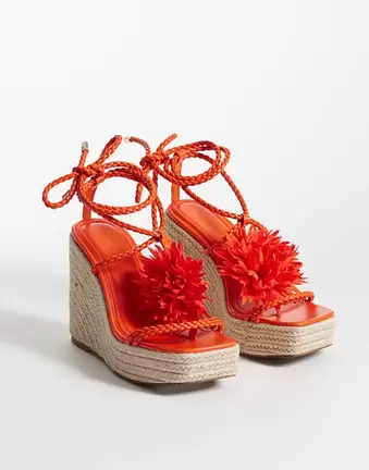 ASOS DESIGN Topaz square toe wedge with flower trim in red