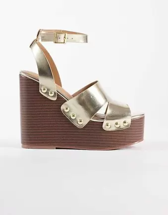 ASOS DESIGN Tamara cut out studded wedges in pale gold