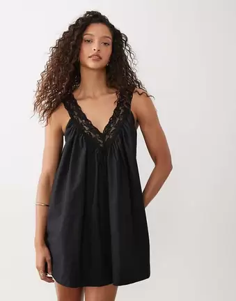 ASOS DESIGN v neck smock poplin mini sundress with lace overlay in black