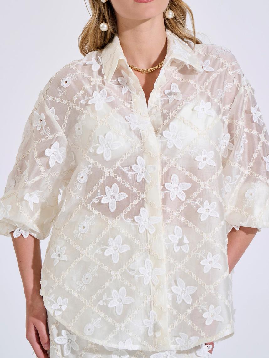 Long Sleeve Embroidered Shirt with Crochet Flowers