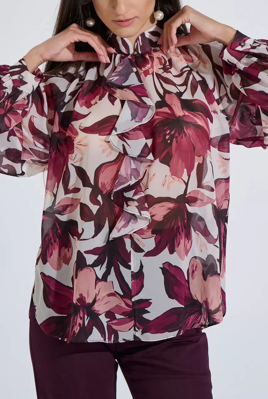 Floral Blouse with Front Ruffle