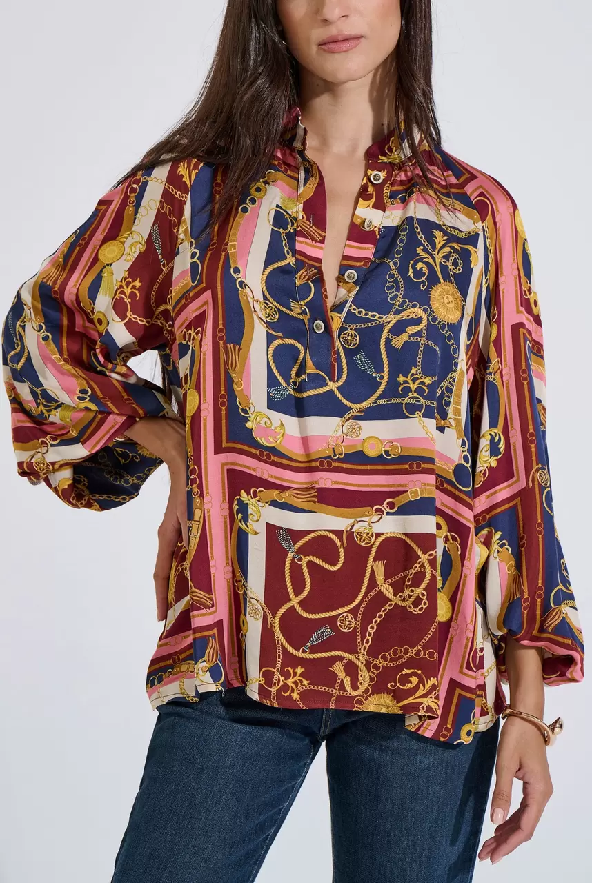 Printed Blouse with Mandarin Collar