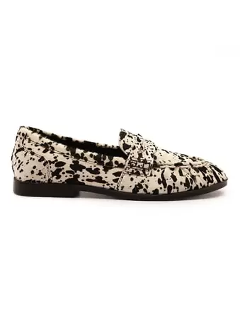 Off The Hook Sienna cow-print suede leather ruched loafers in cow-print