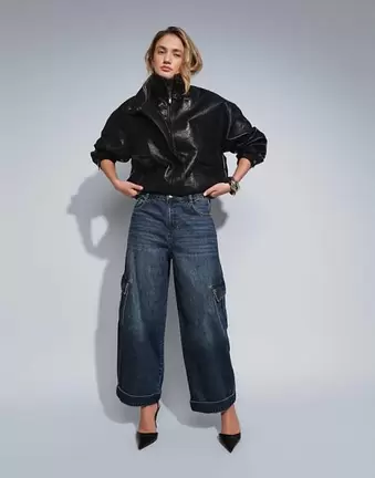 ASOS DESIGN utility cargo jean in midwash blue