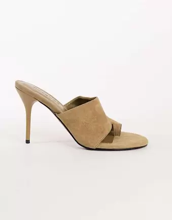 Topshop Winnie real suede toe post heeled mule in taupe
