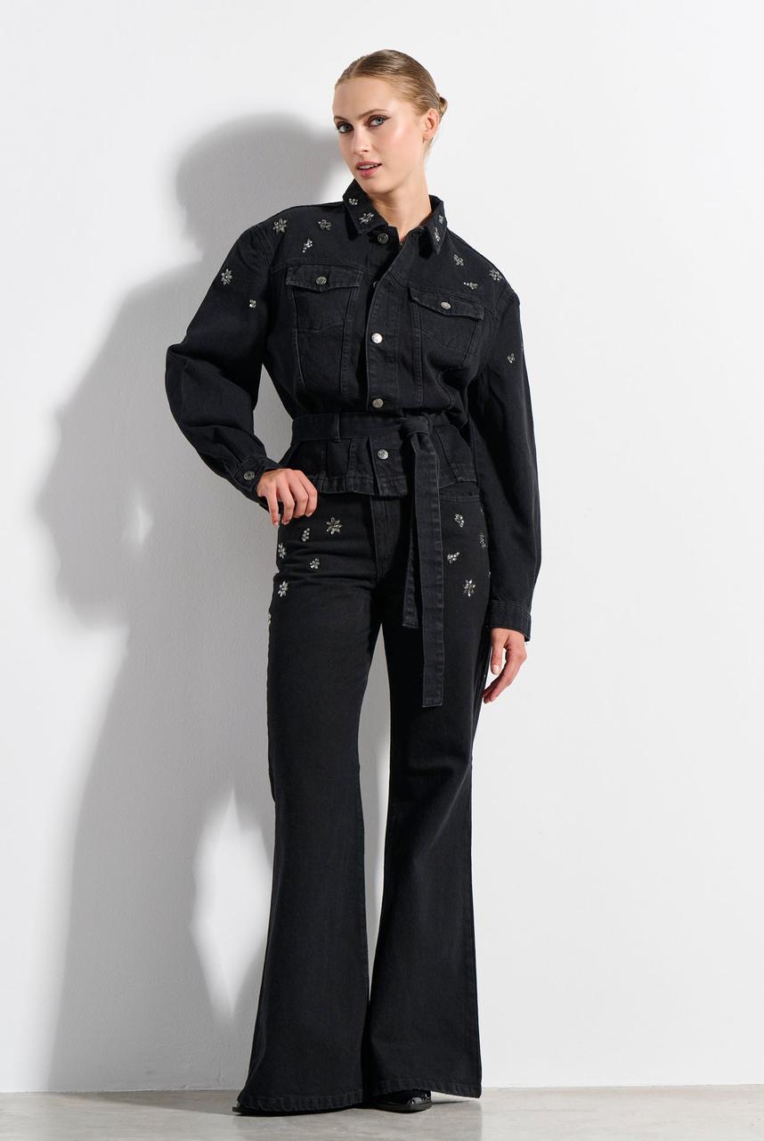 Cotton denim flared trousers with rhinestones