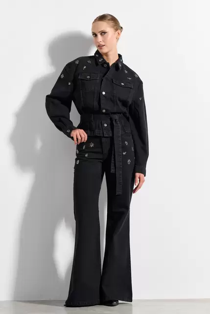 Cotton denim flared trousers with rhinestones