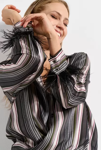Striped wrap blouse with feathers