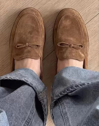 NA-KD Bow detail suede loafers in tan