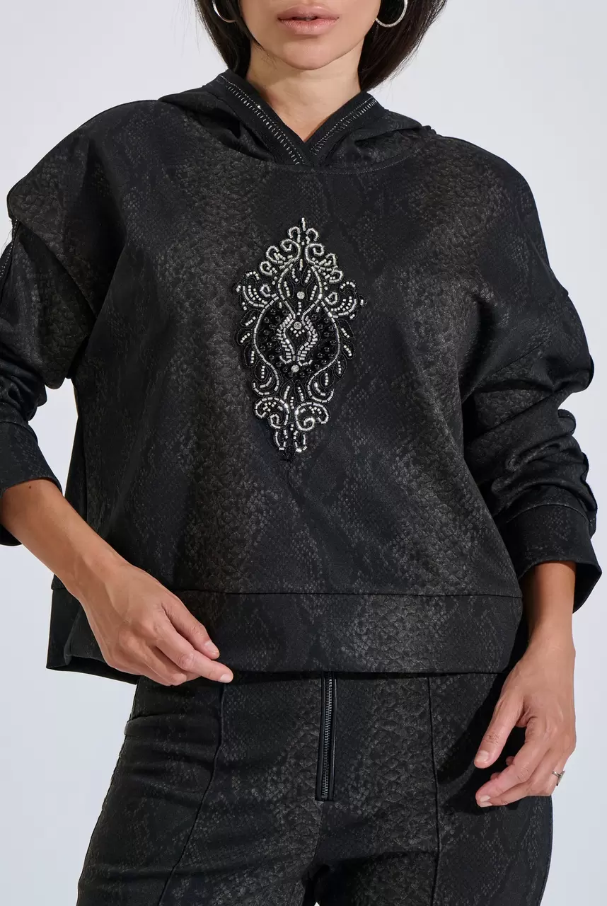 Animal print hooded top with embroidery