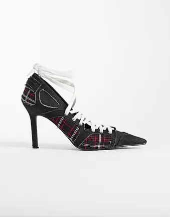 Azalea Wang Firestring sporty court heeled shoes with laces in denim and plaid