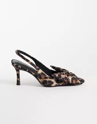 ASOS DESIGN Shine slingback bow detail mid heeled shoes in leopard
