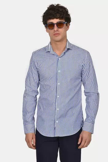 Ανδρικό Ριγέ Πουκάμισο 100% Βαμβάκι Normal Fit Με Κλασικό Ανοιχτό Γιακά - ΜΠΛΕ                                                                Ανδρικό Ριγέ Πουκάμισο 100% Βαμβάκι Normal Fit Με Κλασικό Ανοιχτό Γιακά - ΜΠΛΕ