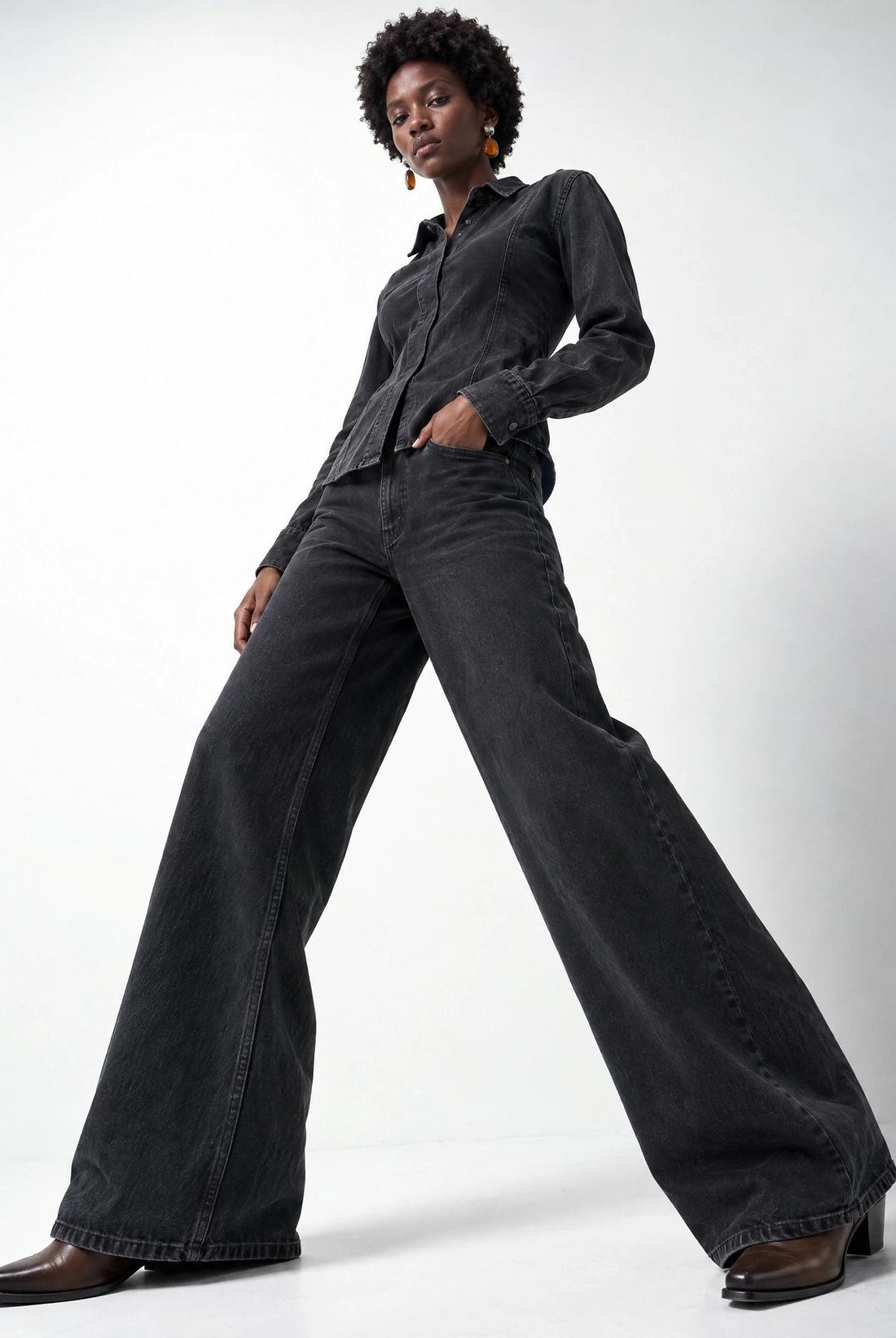Wide leg denim trousers