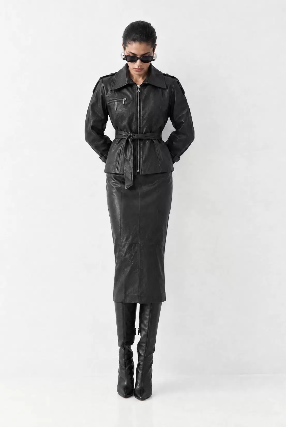 Midi pencil skirt with leather look