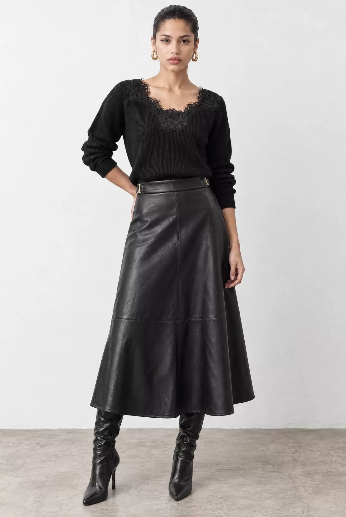 Faux leather flared midi skirt
