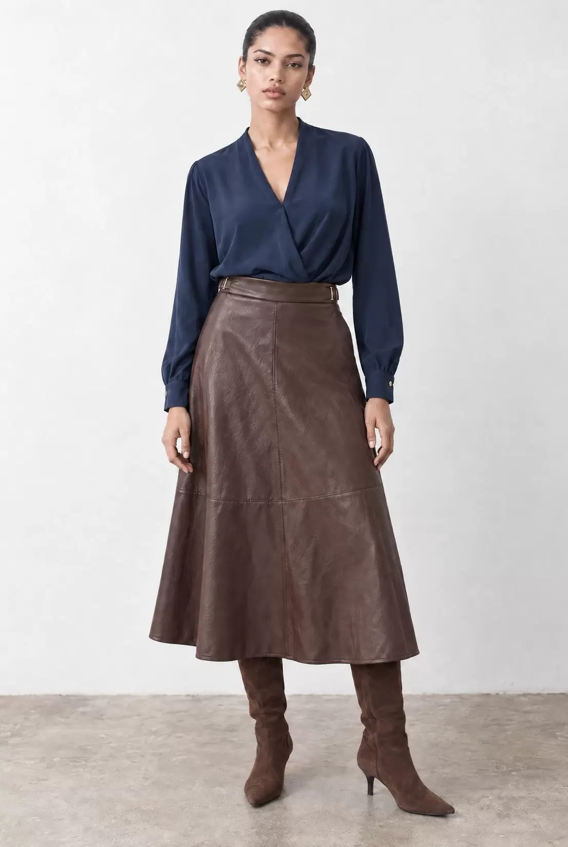 Faux leather flared midi skirt