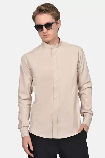 Ανδρικό Επίσημο Πουκάμισο Με Γιακά Μάο Slim Fit & Σατέν Όψη Για Μοντέρνο Στυλ - ΜΠΕΖ                                                                Ανδρικό Επίσημο Πουκάμισο Με Γιακά Μάο Slim Fit & Σατέν Όψη Για Μοντέρνο Στυλ - ΜΠΕΖ