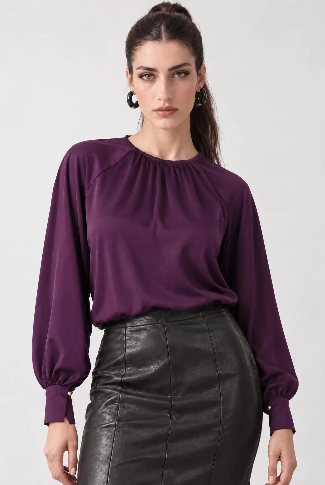 Satin Blouse with Gathered Neckline