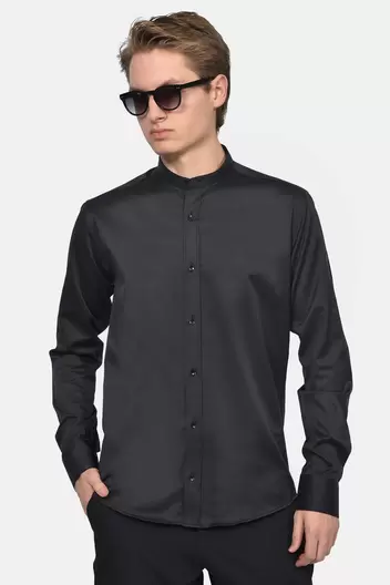 Ανδρικό Επίσημο Πουκάμισο Με Γιακά Μάο Slim Fit & Σατέν Όψη Για Μοντέρνο Στυλ - ΜΑΥΡΟ
