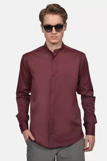 Ανδρικό Επίσημο Πουκάμισο Με Γιακά Μάο Slim Fit & Σατέν Όψη Για Μοντέρνο Στυλ - ΜΠΟΡΝΤΟ