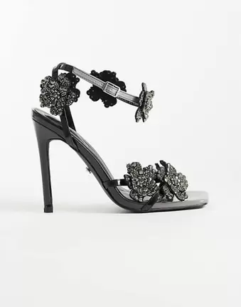 Azalea Wang Anastasia high heeled sandals with embellished flowers in black