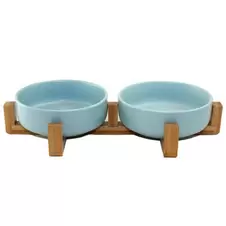 Double Ceramic Pet Bowl with Bamboo Stand