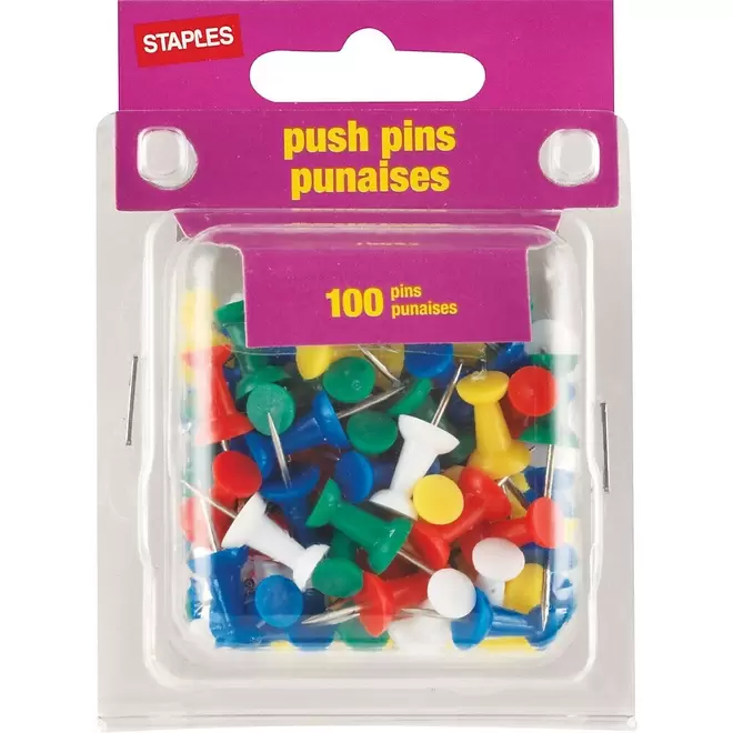 Staples Push Pins - Assorted - 100 Pack