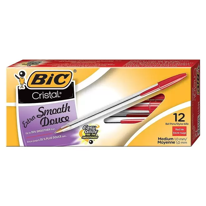 BIC Cristal Ballpoint Stick Pens, 1.0mm, Red, 12 Pack