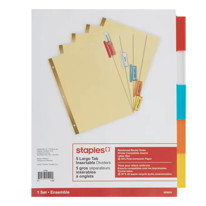 Staples Large Tab Insertable Dividers - 5 Tabs - Assorted Colours