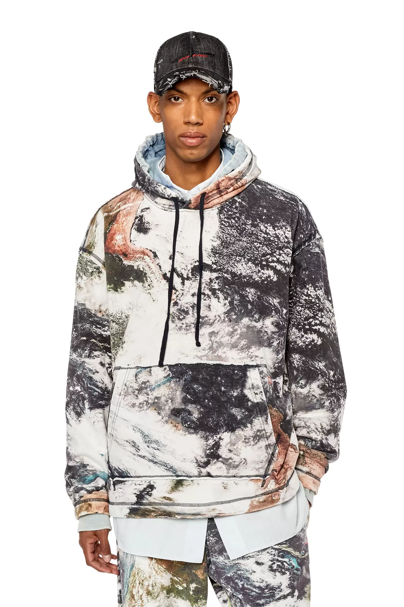 Oversized faded hoodie with planet print