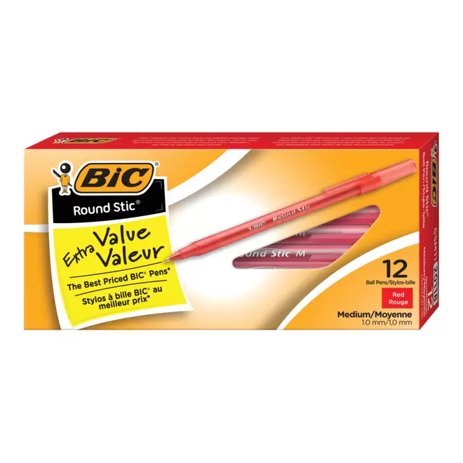 BIC Round Stic Extra Value Ballpoint Stick Pens -  1.0 mm -  Red -  12 Pack