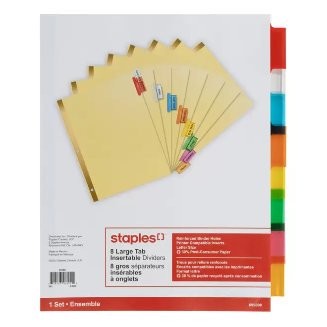 Staples Large Tab Insertable Dividers - 8 Tabs - Assorted Colours