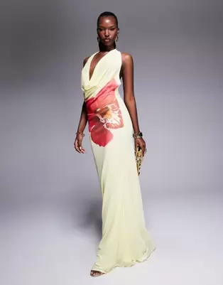 ASOS DESIGN plunge halter maxi dress with yellow and pink floral placement print