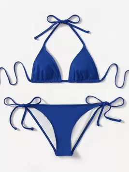 Swim Basics Women's Solid Color Halter Tie Sexy Bikini Two-Piece Set For Beach Vacation Summer