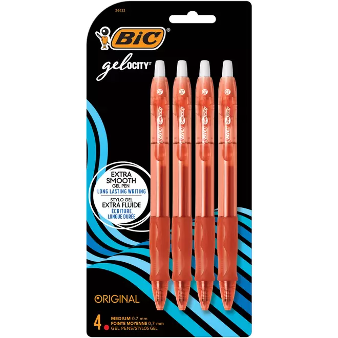 BIC Gelocity Gel Pens -  Retractable -  0.7mm -  Red -  4 Pack
