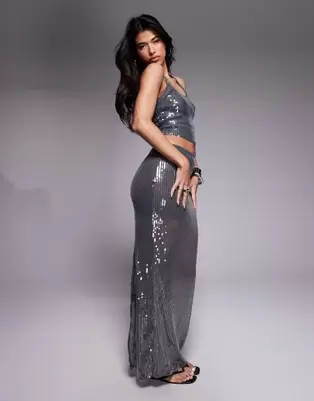 South Beach sequin maxi beach skirt in silver