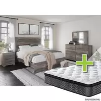 Queen Ralinski Bed w/Highland Premium Pillowtop Plush Mattress & Dresser, Mirror, Nightstand