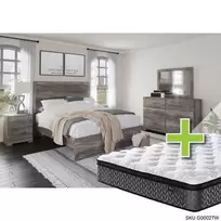 Queen Ralinski Bed w/12" Plush Mattress & Dresser, Mirror, Nightstand