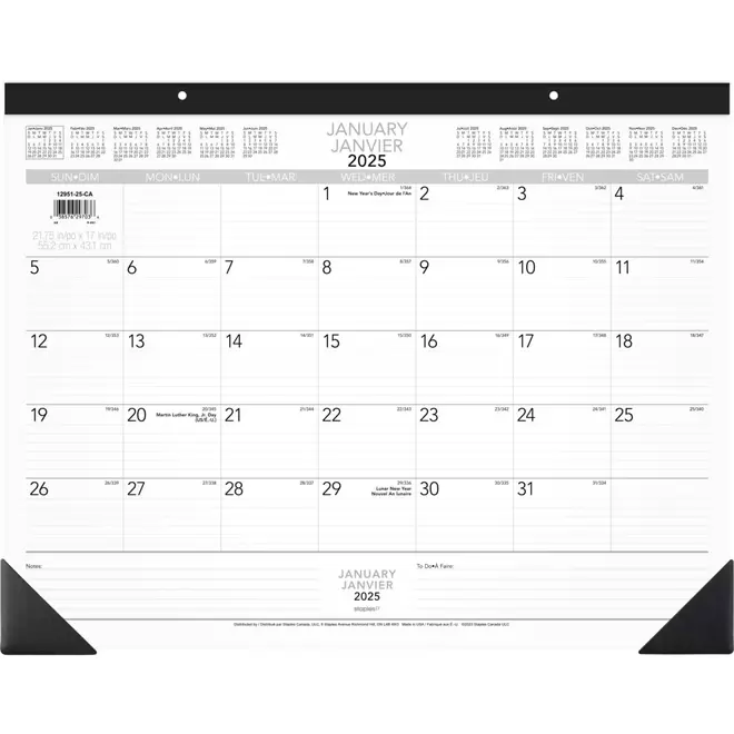 Staples 2025 Monthly Desk Pad - 17" H x 22" W - Bilingual