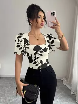 Elenzga Women's Fashionable Elegant Square Neck Puff Sleeve Top, Graceful Printed Shell Sleeve Fitted Short T-Shirt
