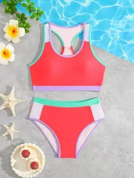 SHEIN Tween Girl Contrast Trim Bikini Set, For Vacation