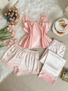 SHEIN 3pcs Plus Size Sleepwear Set: Faux Silk Lace Trim Camisole, Striped Floral Print Shorts, And Long Pants
