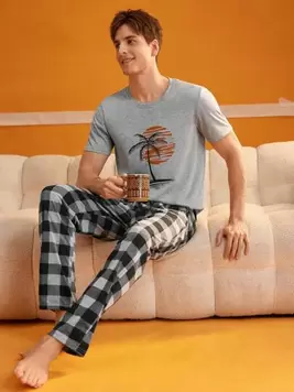 Men's Palm Tree Print Short Sleeve Top And Plaid Pants Pajama Set
