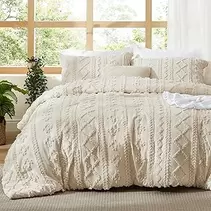 Tufted Boho Comforter Set King Size - Beige Boho Bed Set, GentleSoft™ 3 Pieces Farmhouse Shabby Chic Embroidery Bedding, Gifts for Woman, Soft Jacquard King Comforter for All Seasons